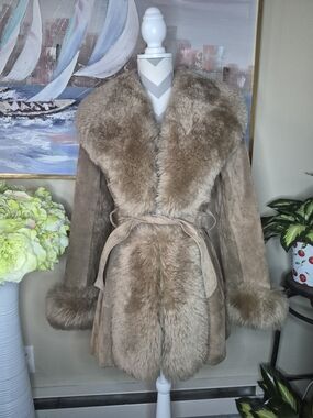 Womens Beige Sheep Fur Trim Suede Coat - Luxury Winter Jacket